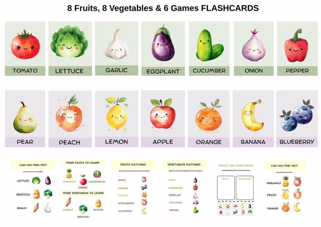 Tarjetas didácticas imprimibles de frutas, verduras y juegos (PDF ...