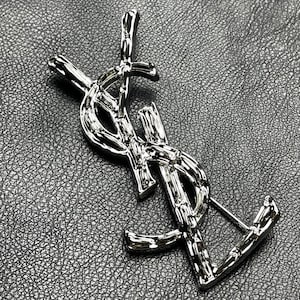 Vintage Excellent Rare Brooch Silver Tone Yves Saint Laurent Big Logo