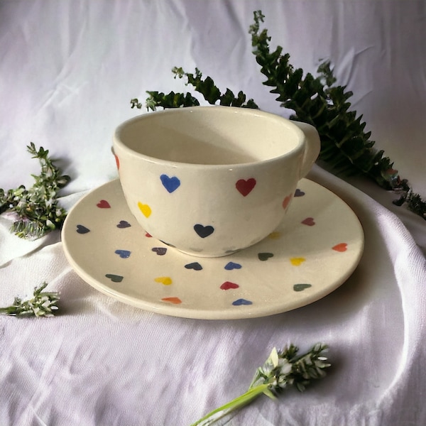 Colorful hearts coffee cup and saucer