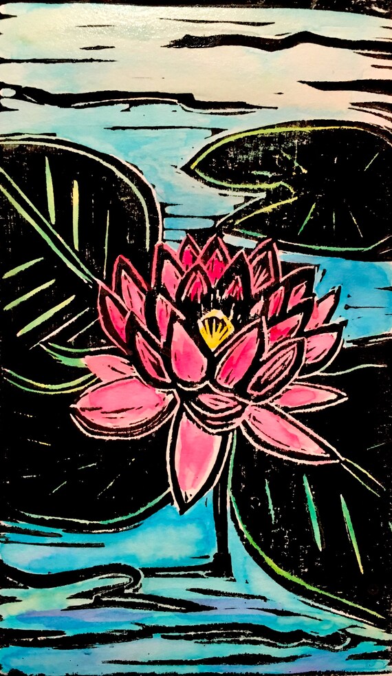 Fleur Lotus Imprimer Bloom Montée Et Devenir Linogravure Originale Technique Mixte Art De Lotus Peinture De Lotus Tirage Linogravure Fleur
