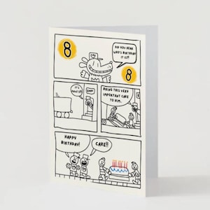 Tarjeta de cumpleaños infantil de Dogman para el octavo cumpleaños de un hombre perro