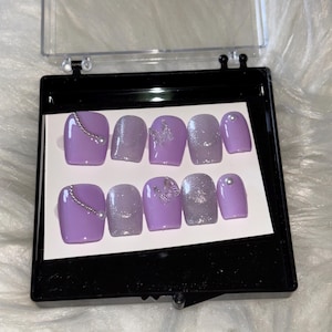 Lilac Luxe Press On Nails – Lavender Glitter Nails with Butterfly, Pearls & Rhinestones | Short Square Soft Glam Set