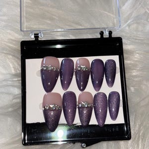 Amethyst Allure – Purple Shimmer Almond Press-On Nails with Rhinestone Accent