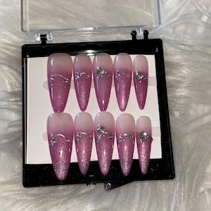 Long Pink Shimmer Ombre Press-On Nails – Stiletto with Rhinestone Accents