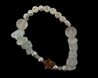Pulseira I Love Beach, pulseira de contas feita à mão com inspiração no oceano e pingente de estrela do mar, contas de vidro e pérola, joia de presente de verão