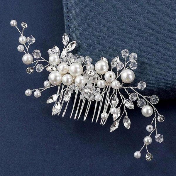 Pearl and crystal detailed silver hair comb for wedding bridesmaids mother of the bride communion occasion