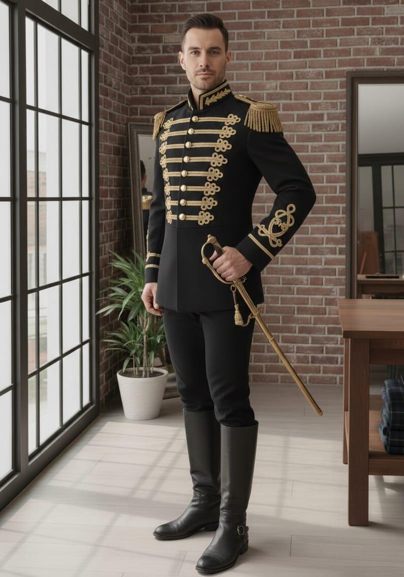 May include: Black military-style jacket with gold trim, epaulets, and buttons. The jacket is paired with black pants and tall black boots. A gold sword is held at the side. The outfit is formal and historical.