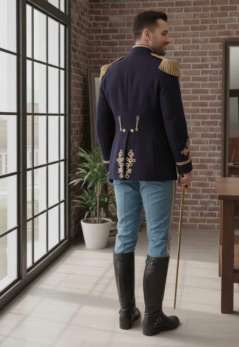 May include: A navy blue military-style jacket with gold trim and epaulets, paired with light blue pants and black boots. The jacket features decorative gold embroidery on the back. A gold-colored sword is held in the right hand.