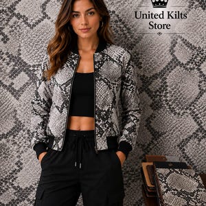 Blouson bomber en cuir python véritable pour femme | Manteau de luxe fait main | Tailles XS à 6XL
