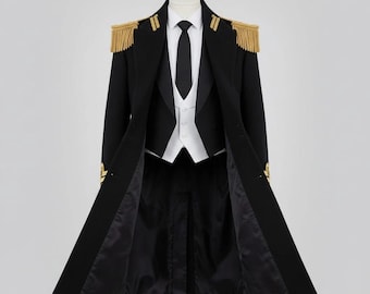 May include: A formal black coat with gold epaulettes and trim, paired with a white vest, black tie, and black trousers. The coat is open, revealing the inner layers of the outfit. The coat has gold fringe on the shoulders.