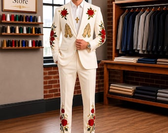 Traje de hombre con manos rezando bordadas y rosas rojas / Esmoquin cristiano religioso para hombre y mujer /