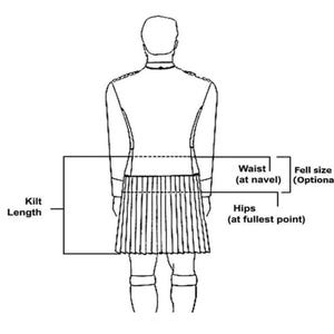 May include: Line drawing of a person wearing a kilt, with labels indicating measurement points for kilt length, waist (at navel), hips (at fullest point), and fell size (optional).