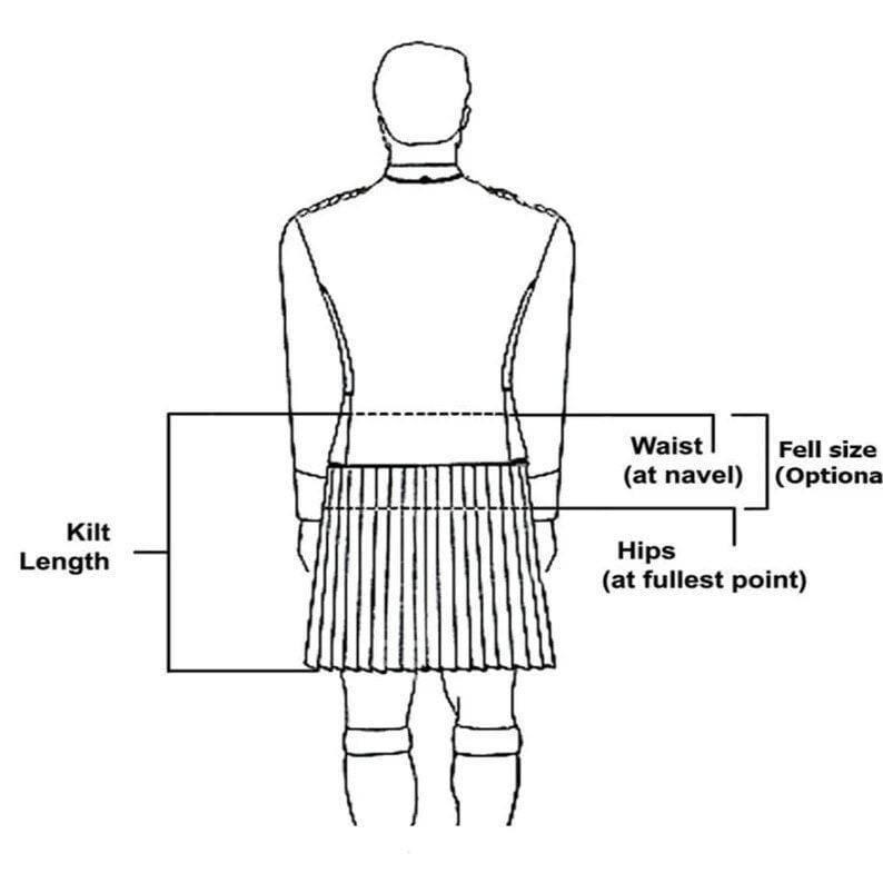 May include: Line drawing of a person wearing a kilt, with labels indicating measurement points for kilt length, waist (at navel), hips (at fullest point), and fell size (optional).