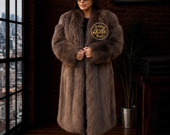 Luxury Brown Faux Fur Long Coat for Women | Handmade Winter Fur Overcoat |