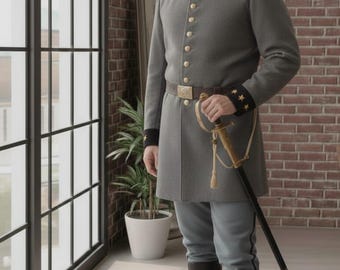Puede incluir: Un uniforme militar gris con botones dorados, charreteras y detalles en las mangas. El uniforme incluye un abrigo largo, pantalones azul claro y botas negras. Un cinturón marrón y una espada completan el atuendo.