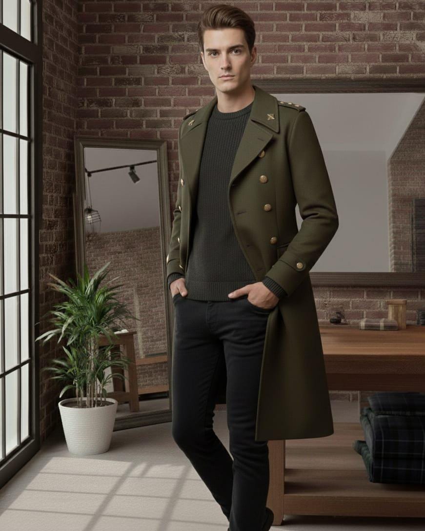 Men's Military Style Long Coat | Olive Green Double Breasted