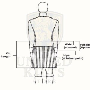 Puede incluir: Diagrama que ilustra las medidas de un kilt: largo del kilt, cintura (a la altura del ombligo), caderas (en el punto m&aacute;s ancho) y talla de ca&iacute;da. El diagrama muestra a una persona de espaldas con un kilt.