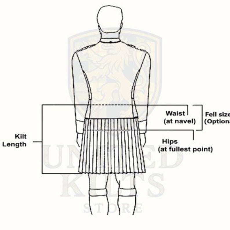 Puede incluir: Diagrama que ilustra las medidas de un kilt: largo del kilt, cintura (a la altura del ombligo), caderas (en el punto m&aacute;s ancho) y talla de ca&iacute;da. El diagrama muestra a una persona de espaldas con un kilt.