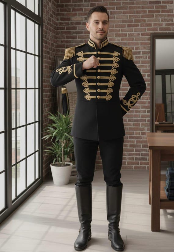 Men and Women's Military Hussar Jacket - Black & Gold Embroidered Parade Tunic Napoleonic Uniform