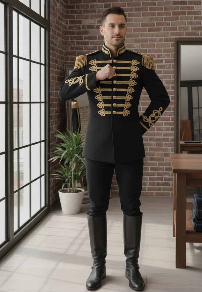 May include: A black military-style jacket with gold trim, epaulets, and decorative buttons. The jacket is paired with black pants and tall black boots. The outfit is formal and elegant, suitable for a costume or special event.
