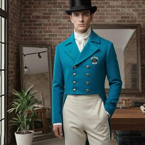 May include: A teal double-breasted jacket with gold buttons, paired with cream-colored trousers and a black top hat. The jacket features a small emblem. The outfit is reminiscent of formal attire.