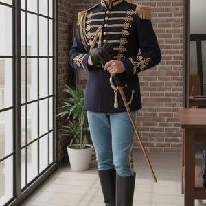 May include: Navy blue military-style jacket with gold trim, epaulets, and decorative buttons. The outfit includes light blue pants, black gloves, and tall black boots. A gold saber is held in the hands.