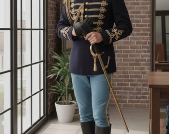 Veste de hussard militaire pour homme et femme - Tunique de défilé brodée noir et or Uniforme napoléonien