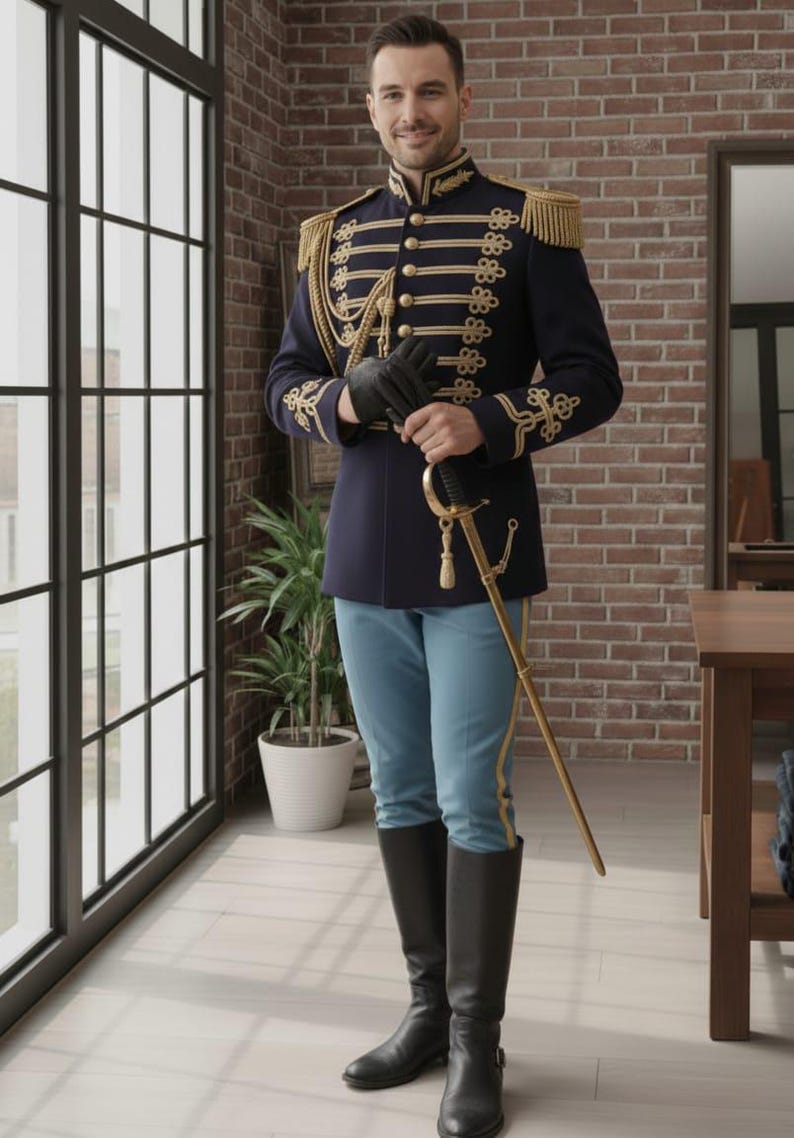 May include: Navy blue military-style jacket with gold trim, epaulets, and decorative buttons. The outfit includes light blue pants, black gloves, and tall black boots. A gold saber is held in the hands.