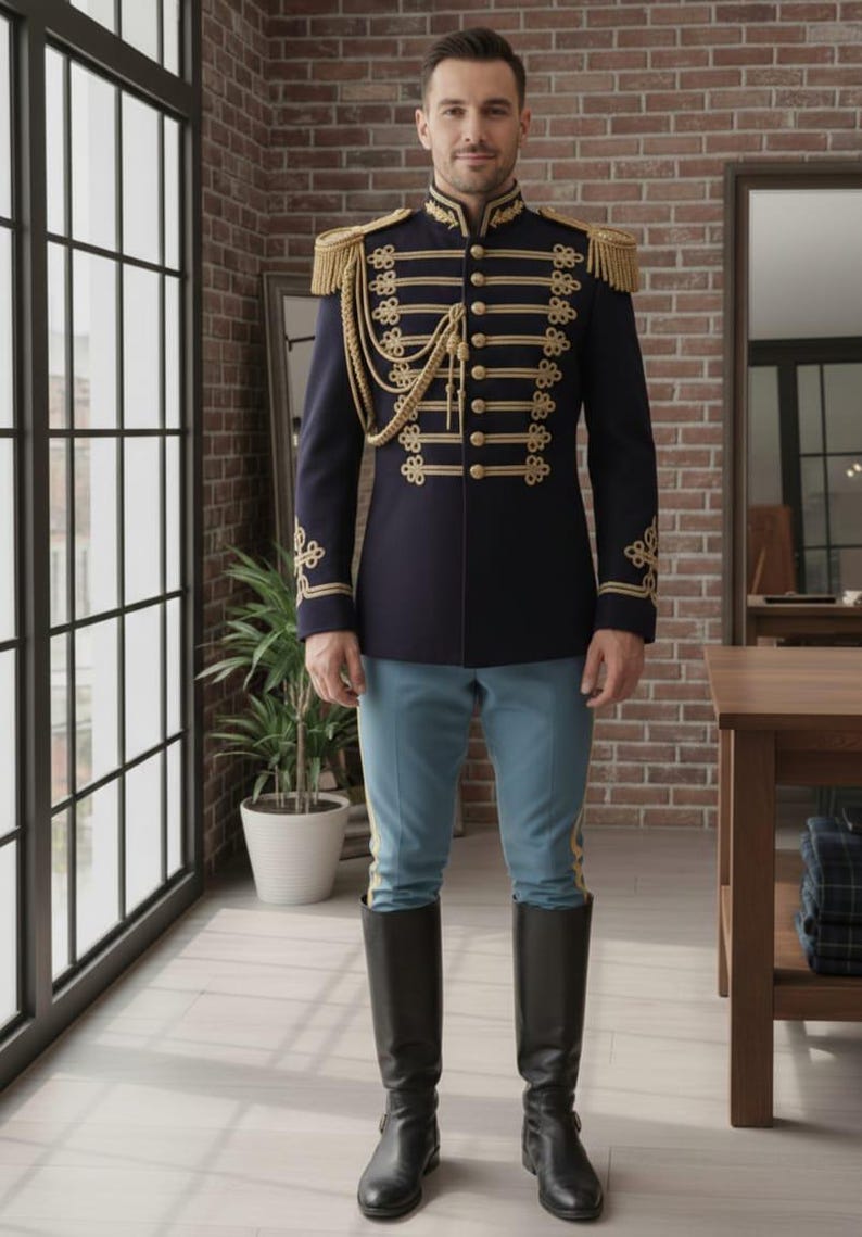 May include: A navy blue military-style jacket with gold trim, epaulets, and decorative buttons. The jacket is paired with light blue pants and black riding boots. The outfit is displayed in a room with a brick wall and large windows.