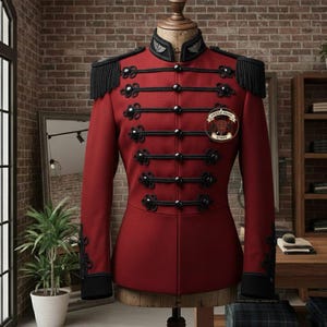 May include: A red military-style jacket with black trim, buttons, and epaulets. The jacket features decorative black rope detailing and a circular emblem on the chest. The jacket is displayed on a mannequin in a room with a brick wall.
