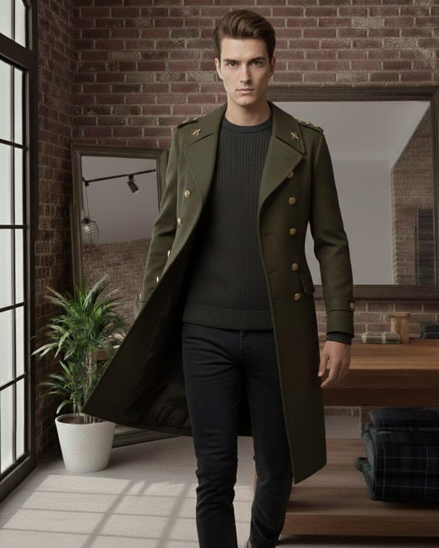 Men's Military Style Long Coat | Olive Green Double Breasted