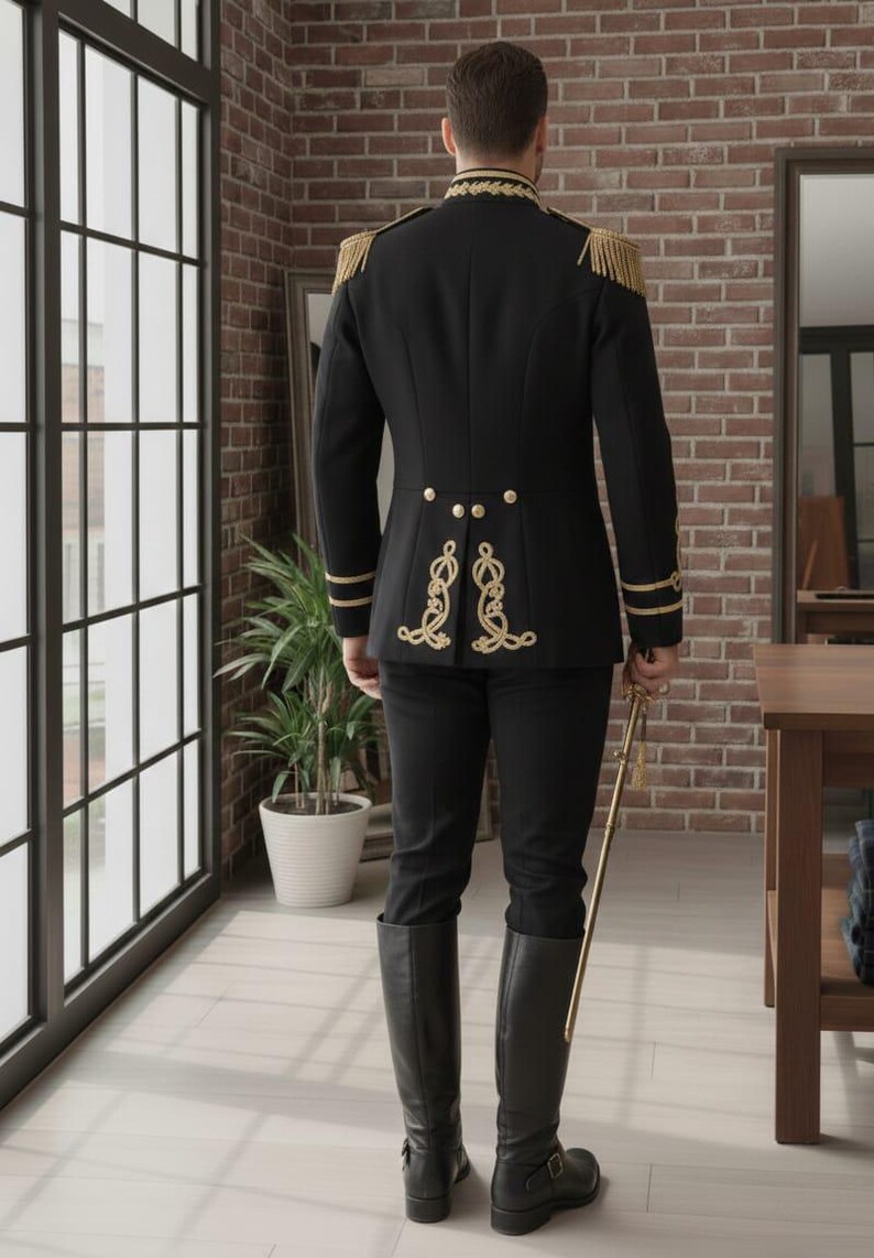 May include: Black military-style jacket with gold trim, epaulets, and decorative embroidery. The jacket is paired with black pants and tall black boots. A gold saber is held at the side. The outfit is formal and elegant.