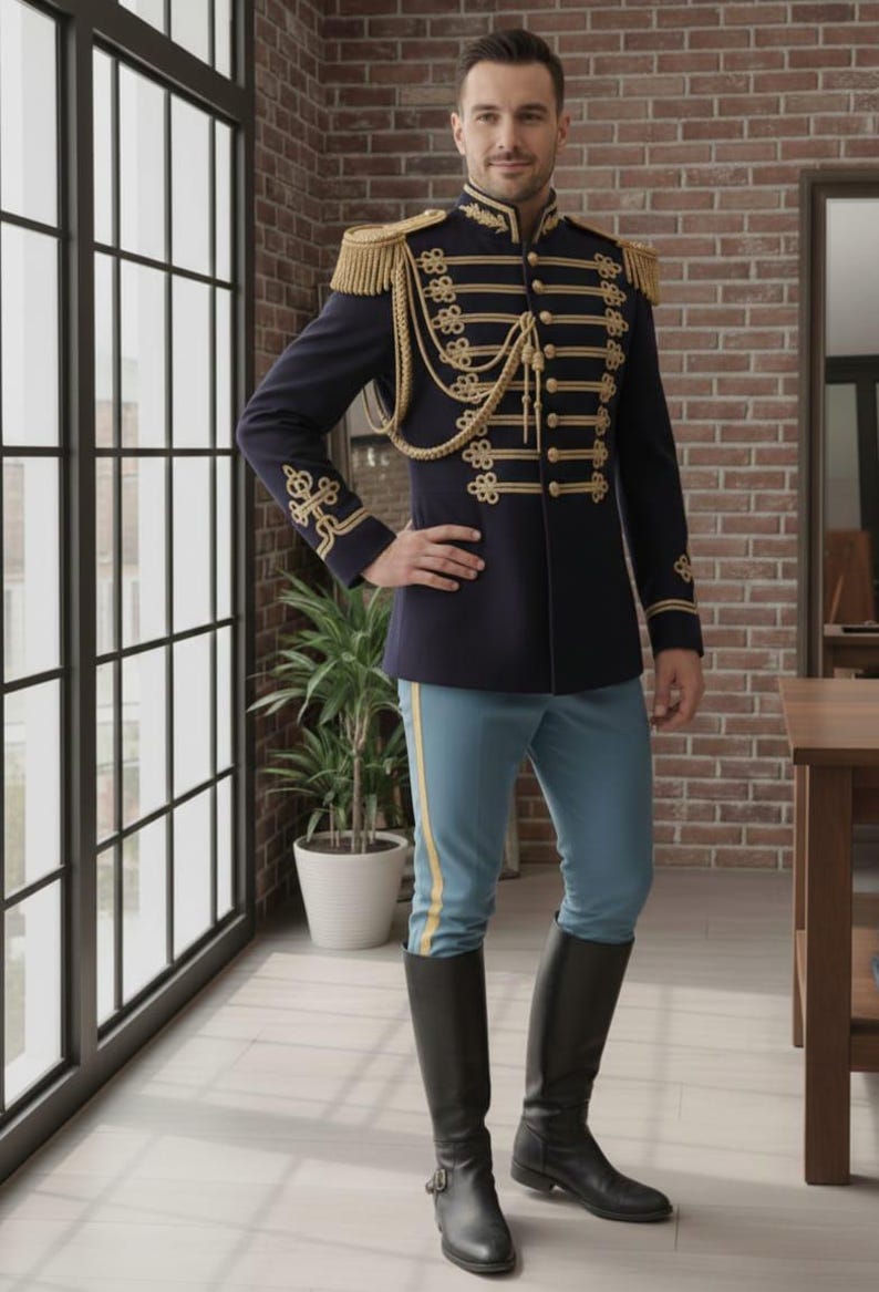 May include: A navy blue military-style jacket with gold trim, epaulets, and decorative buttons. The jacket is paired with light blue pants with a yellow stripe and black riding boots. The outfit is a historical costume.
