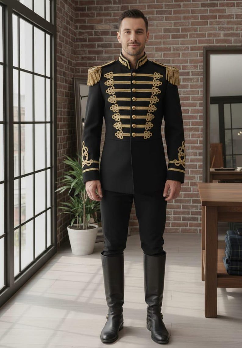 May include: Black military-style jacket with gold trim, epaulets, and decorative buttons. The jacket is paired with black pants and tall black boots. The outfit is formal and reminiscent of historical military uniforms.