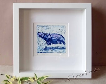 Hippo Art Print Limited Edition Hand-Pulled Collograph