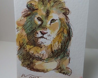 ACEO Lion Sitting Art Watercolor Painting OOAK Animals