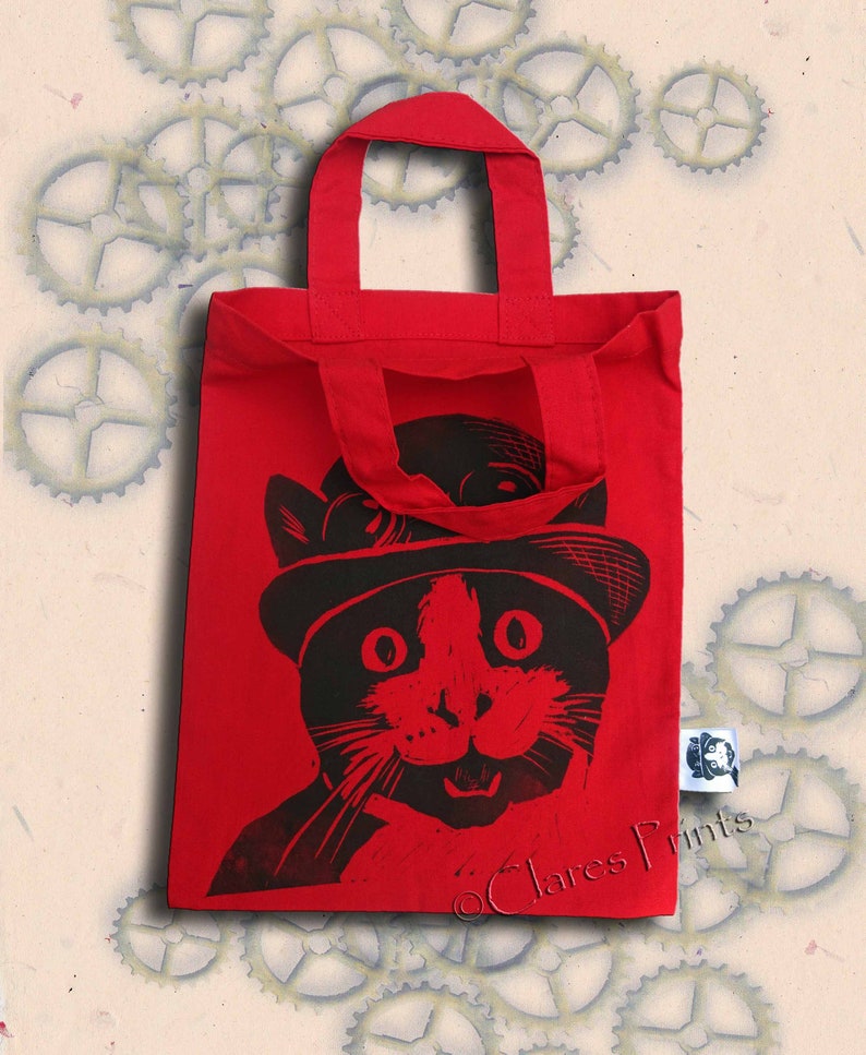 Steampunk Cat Bag Hand Printed Mini Tote Shopping Bag Children image 10
