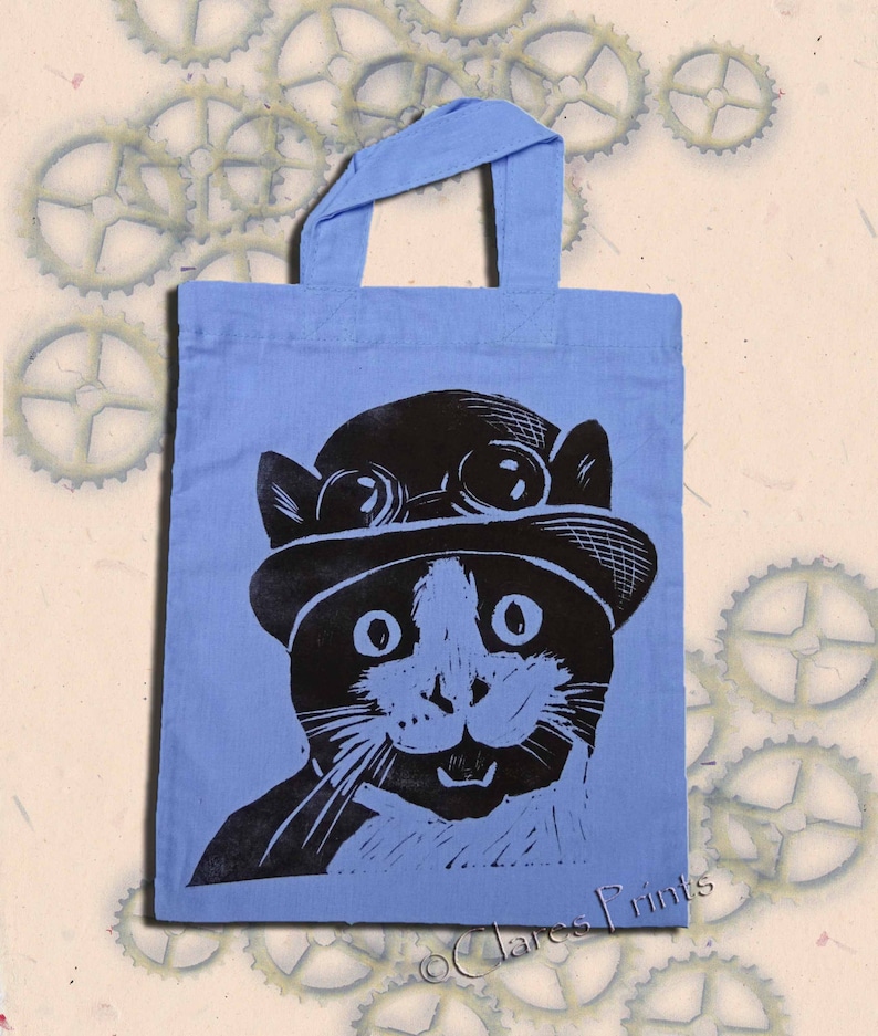 Steampunk Cat Bag Hand Printed Mini Tote Shopping Bag Children