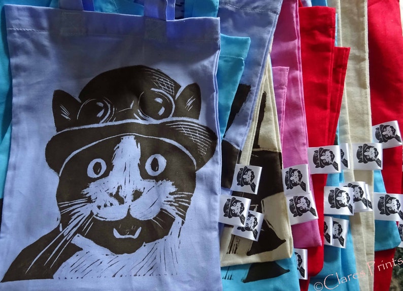 Steampunk Cat Bag Hand Printed Mini Tote Shopping Bag Children image 8