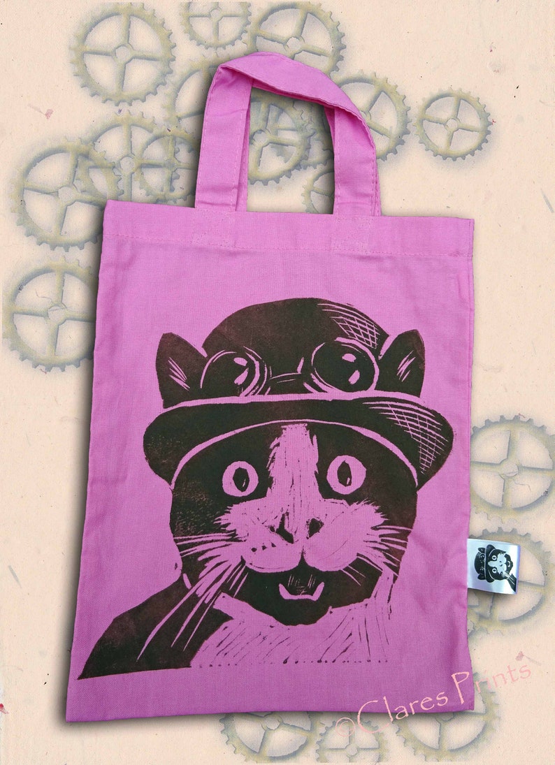 Steampunk Cat Bag Hand Printed Mini Tote Shopping Bag Children image 6