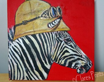 Steampunk Art Zebra Original Acrylic Painting on Canvas OOAK