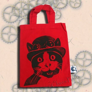 Steampunk Cat Bag Hand Printed Mini Tote Shopping Bag Children image 1