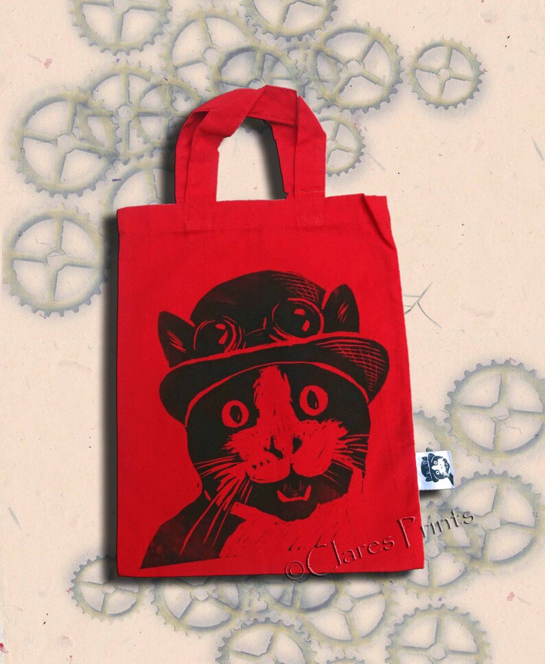 Steampunk Cat Bag Hand Printed Mini Tote Shopping Bag Children image 1