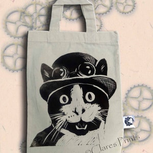 Steampunk Cat Bag Hand Printed Mini Tote Shopping Bag Children image 3