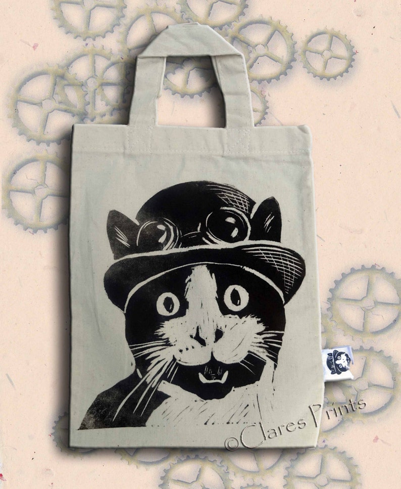 Steampunk Cat Bag Hand Printed Mini Tote Shopping Bag Children image 3