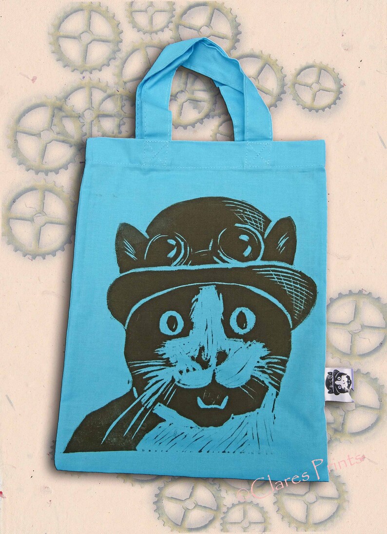 Steampunk Cat Bag Hand Printed Mini Tote Shopping Bag Children image 4