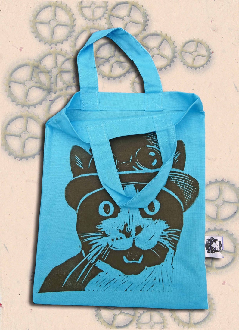 Steampunk Cat Bag Hand Printed Mini Tote Shopping Bag Children image 9