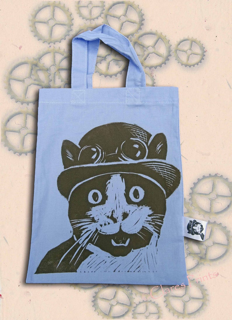 Steampunk Cat Bag Hand Printed Mini Tote Shopping Bag Children image 5