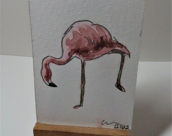 ACEO Flamingo Balance Bird Art Watercolor Painting OOAK Animals