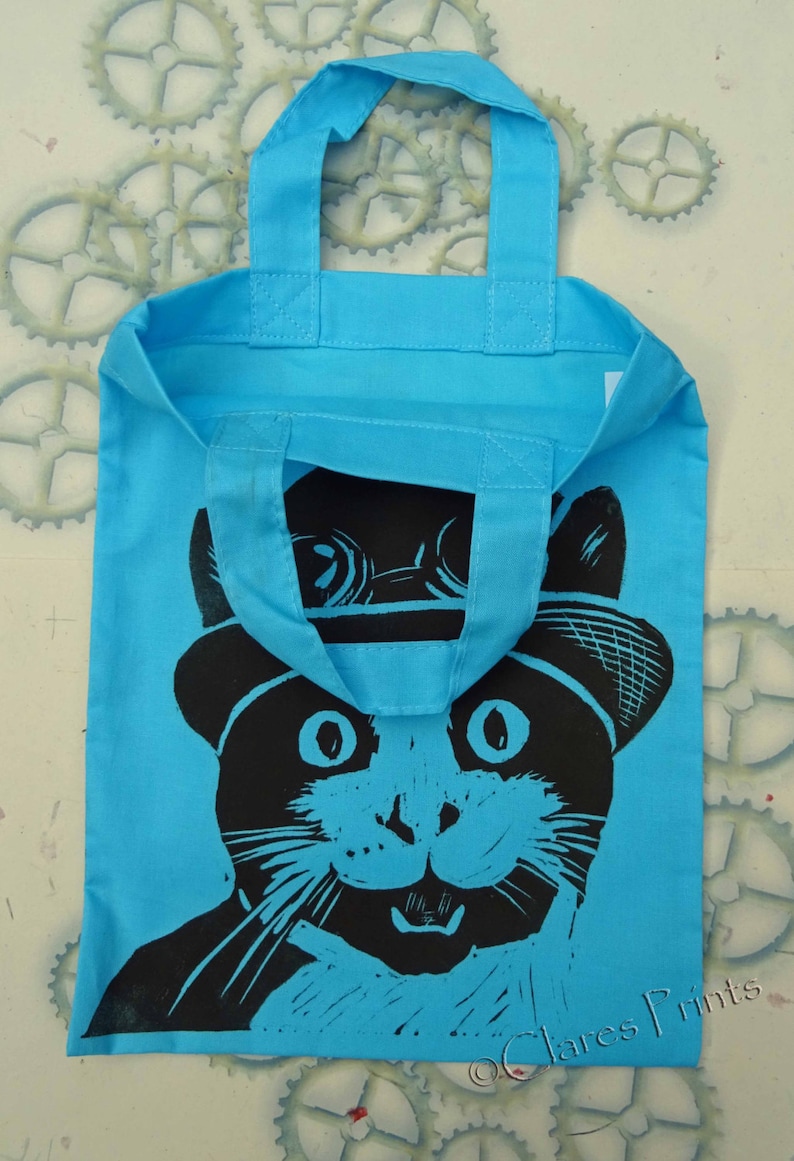 Steampunk Cat Bag Hand Printed Mini Tote Shopping Bag Children